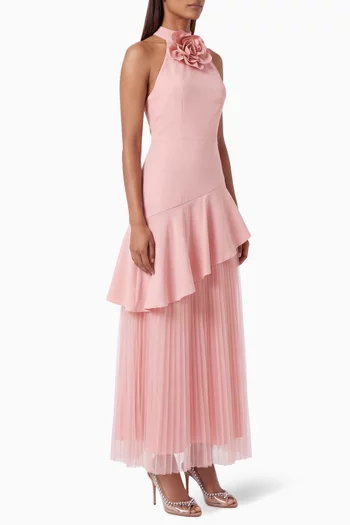Floral-applique Halter Dress in Crepe