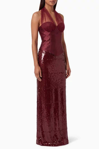 Sequin Halter Corset Dress in Satin & Mesh