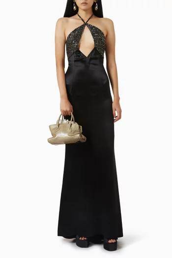 Embellished Halter-neck Maxi Dress in Silk-satin