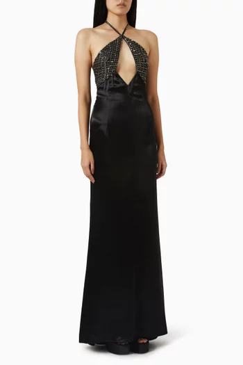 Embellished Halter-neck Maxi Dress in Silk-satin