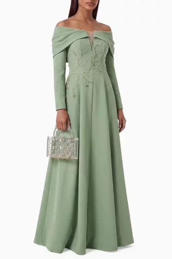 Draped Off-shoulder Gown in Crepe