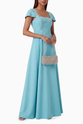Embroidered Square-neck Gown in Crepe