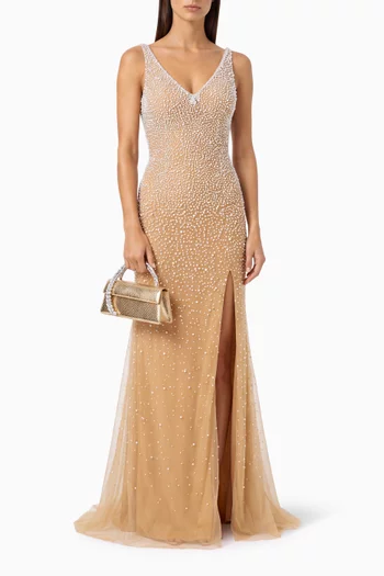 Pearl Beaded V-Neck Gown in Mesh