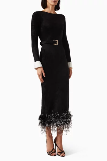 Belted Feather Midi Dress in Chenille Knit