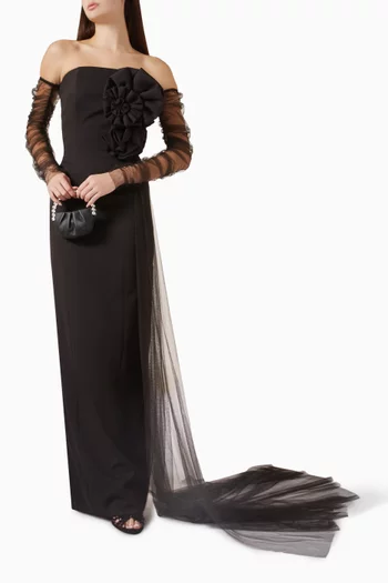 Floral Off-shoulder Gown in Crepe