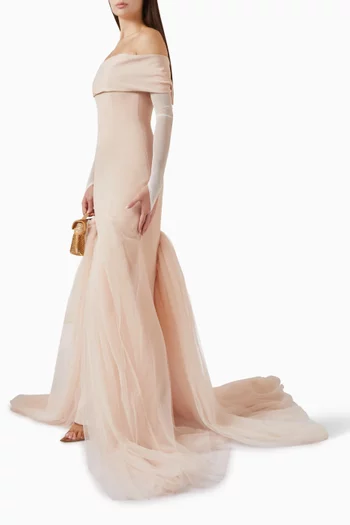 Off-shoulder Trumpet Gown in Crepe & Tulle
