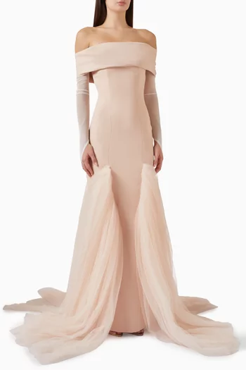 Off-shoulder Trumpet Gown in Crepe & Tulle