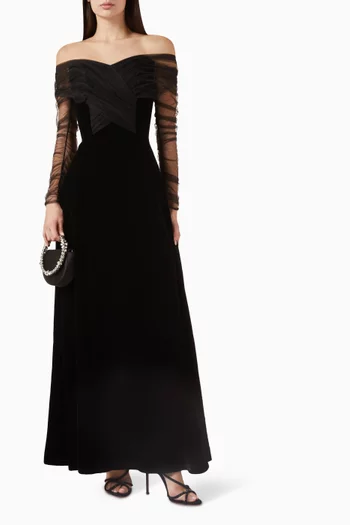 Tulle-draped Off-shoulder Gown in Velvet