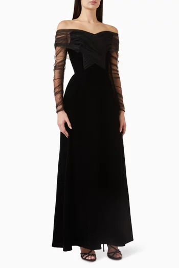 Tulle-draped Off-shoulder Gown in Velvet
