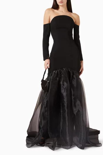 Off-shoulder Gown in Crepe & Organza