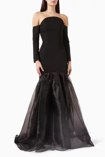 Off-shoulder Gown in Crepe & Organza