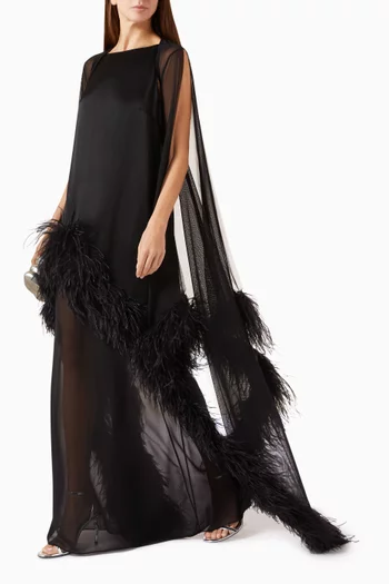 Feather-trim Shrug Maxi Dress in Mesh