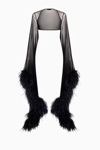 Feather-trim Shrug Maxi Dress in Mesh