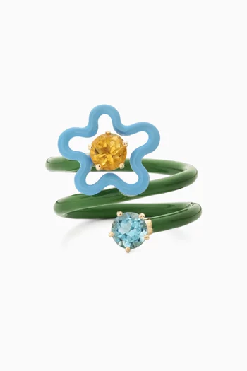 Single Flower Citrine & Topaz Ring in Enamel & 9kt Gold