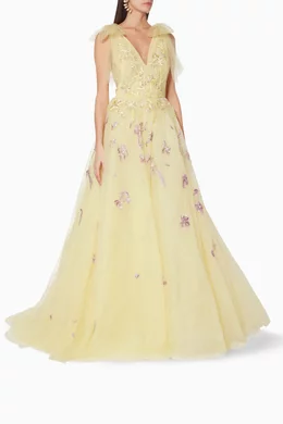 Buy Monique Lhuillier Yellow Embroidered A Line Evening Gown for