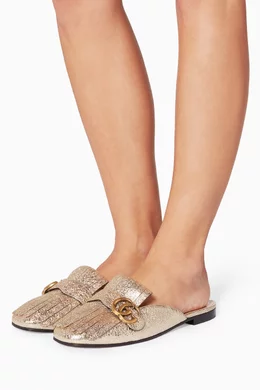 Buy Gucci Gold Platinum Metallic Marmont Laminate Leather Slippers For Women Online Ounass Bahrain