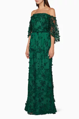 Buy Marchesa Notte Green Emerald Green Embroidered Off The Shoulder Gown For Women Online Ounass Bahrain