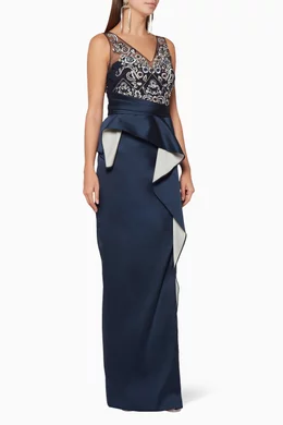 Buy Marchesa Notte Blue Navy Two Tone Peplum Column Gown For Women Online Ounass Bahrain