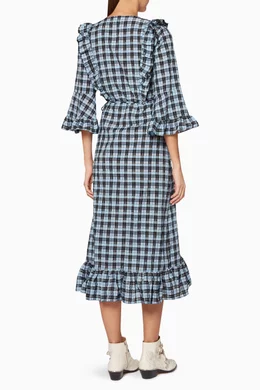 Buy Ganni Blue Dark Blue Checked Charron Wrap Dress For Women Online Ounass Bahrain