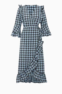 Buy Ganni Blue Dark Blue Checked Charron Wrap Dress For Women Online Ounass Bahrain