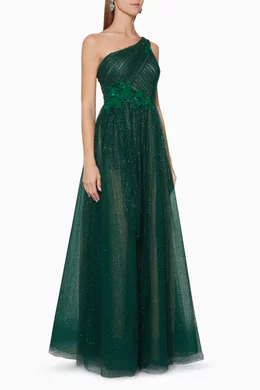 Buy Marchesa Notte Green One Shoulder Glitter Tulle Gown For Women Online Ounass Bahrain
