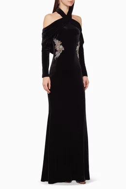 Buy Badgley Mischka Black Crystal Embellished Velvet Gown For Women Online Ounass Bahrain