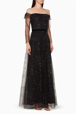 Buy Marchesa Notte Black Off The Shoulder Glitter Tulle Gown For Women Online Ounass Bahrain