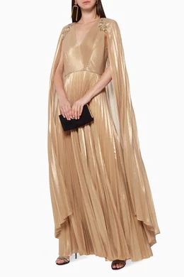 Buy Marchesa Notte Gold Pleated Foil Cape Gown For Women Online Ounass Bahrain
