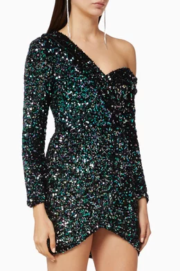 Lavish alice sequin velvet off shoulder asymmetric mini dress top