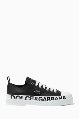 Buy Dolce Gabbana Black Portofino Sneakers with Branded Plate Logo Print in Leather For Women Online Ounass Bahrain