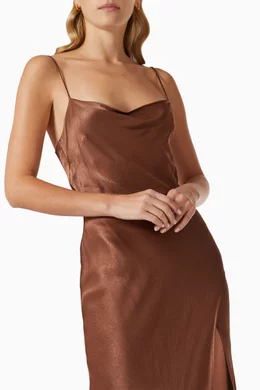 Buy Bec + Bridge Brown Valentina V Midi Dress in Satin For Women Online |  Ounass Bahrain