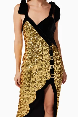 Buy Raisa & Vanessa Gold Sequinned Dress with Scallop Hem For Women Online  | Ounass Bahrain