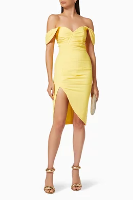 Buy Lavish Alice Yellow Pleated Bardot Midi Dress in Crepe For Women Online Ounass Bahrain