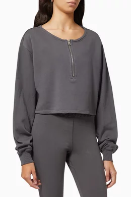 Buy Good American Grey Half-zip Cropped Sweatshirt in Brushed