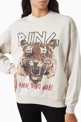 Buy ANINE BING Grey Tiger Print Logo Sweatshirt in Organic Cotton