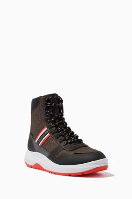 Buy Michael Kors Brown Asher Boots in Logo Canvas Leather For