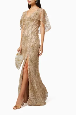 Buy Marchesa Notte Gold Cape Sleeve Gown in Beaded Glitter Tulle For Women Online Ounass Bahrain