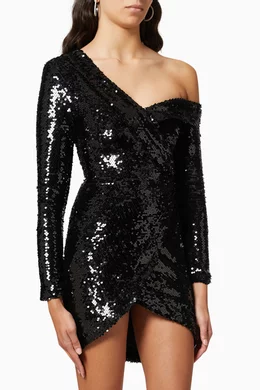 Lavish alice sequin velvet off shoulder asymmetric mini dress top