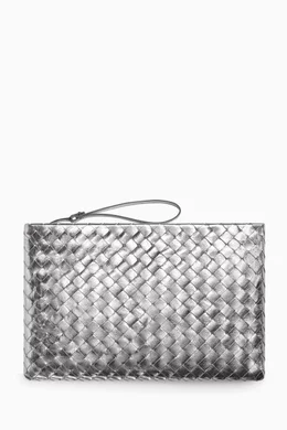 Buy Bottega Veneta Silver Large Pouch in Intrecciato Laminated Nappa For Women Online Ounass Bahrain