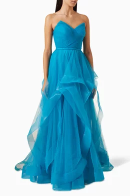 Buy Basix Blue Bustier Strapless Gown in Tulle For Women Online Ounass Bahrain