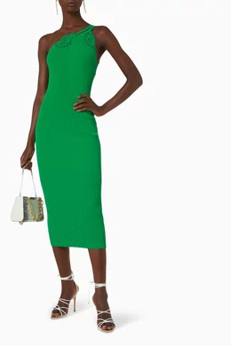 Buy Self-Portrait Green One Shoulder Midi Dress in Ribbed Viscose Knit For  Women Online | Ounass Bahrain
