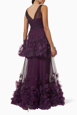 Buy Marchesa Notte Purple V neck Tiered Gown in Tulle For Women Online Ounass Bahrain