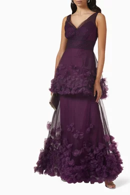 Buy Marchesa Notte Purple V neck Tiered Gown in Tulle For Women Online Ounass Bahrain
