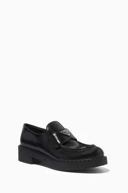 Buy Prada Black Triangle Logo Loafers in Brushed Leather For Women
