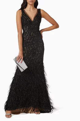 Buy Basix Black Embellished Feather trimmed Gown in Lace Tulle For Women Online Ounass Bahrain