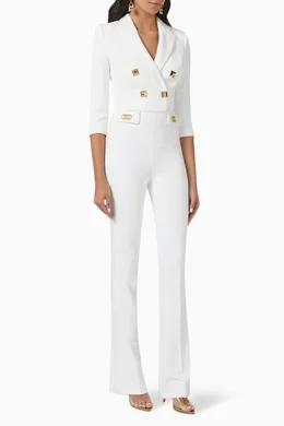 Buy Elisabetta Franchi White Studded Double breasted Jumpsuit in Stretch Crepe For Women Online Ounass Bahrain