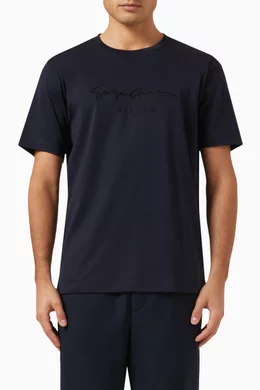 Buy Giorgio Armani Blue Signature Embroidered T shirt in Cotton For Men Online Ounass Bahrain
