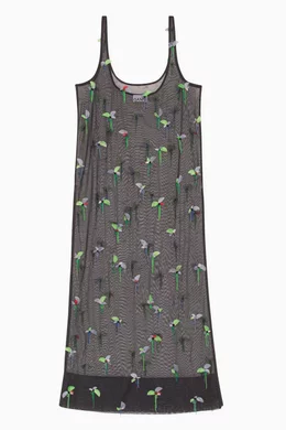 knee length dresses for ladies Ganni // Green & Multicolour Printed Ruched Mesh Dress – VSP Consignment main image 1