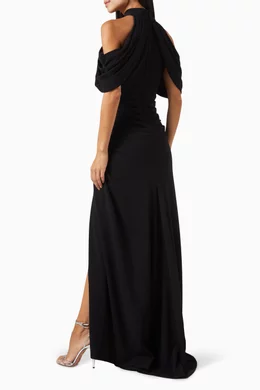 Buy Tadashi Shoji Black Pruitt Draped Cold shoulder Gown in Crepe For Women Online Ounass Bahrain