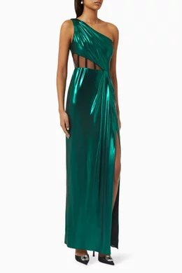 Buy Marchesa Notte Green Corset panel One shoulder Maxi Dress in Foiled jersey For Women Online Ounass Bahrain